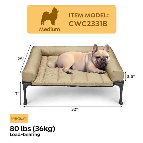 Veehoo Outdoor Hundeliege erhöht, Hundebett Erhöht mit abnehmbarem Bloster Kühlendes Erhöhtes Hundebett mit Atmungsaktivem Teslin-Netz für Haus und Garten, Beige 81 x 64 x 18cm