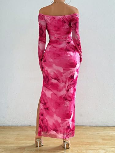 Image of LIGHT DOT Women's Printed Off Shoulder Maxi Dress Long Sleeve Bodycon Ruched Mesh Cocktail Dress