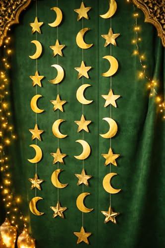 Image of Moon Star Golden Paper Frills Pack of 4 | Ramadan Eid Umrah Mubarak Hanging Decoration | 110 cm Long Festive Wall & Ceiling Decor Garland