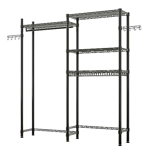 FRITHJILL Versatile Powder Coated Clothes Drying Rack with 3 Shelves, Hanging Rod, and Net Basket Storage, Laundry Room Washer and Dryer Storage Shelf