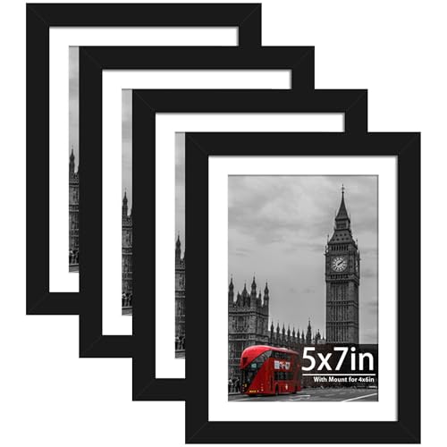 Tinkeps 4 Pack 7x5 Black Picture Frame Engineered Wood and Plexiglass 7x5 Frames with Mount for 4x6 inch Prints Photos and Posters Tabletop and Wall Mountable