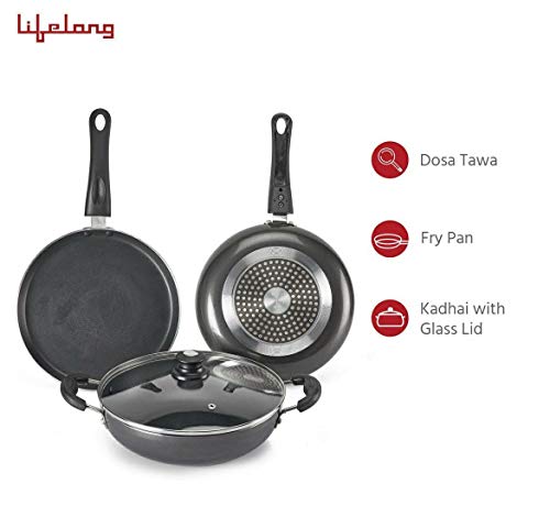 Lifelong-Popular-Non-Stick-Cookware-Set-3-Pieces-BlackGrey-Induction-and-Gas-Compatible Lifelong Popular Non-Stick Cookware Set, 3-Pieces, Black/Grey (Induction and Gas Compatible)