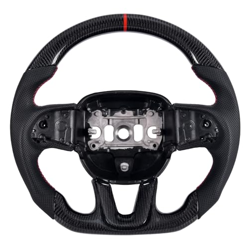 EASSAFEX Carbon Fiber Steering Wheel for Dodge Charger/Challenger/Durango/Jeep Grand Cherokee/SXT/GT/RT/SRT/Heallcat 2015-2020, D-shaped Flat-bottom Perforated Leather Grip