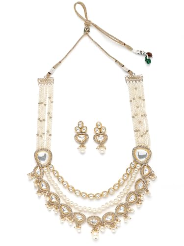 Image of Karatcart Gold Plated Green Crystal and Pearl Studded Kundan Rani-Haar Necklace Set for Women
