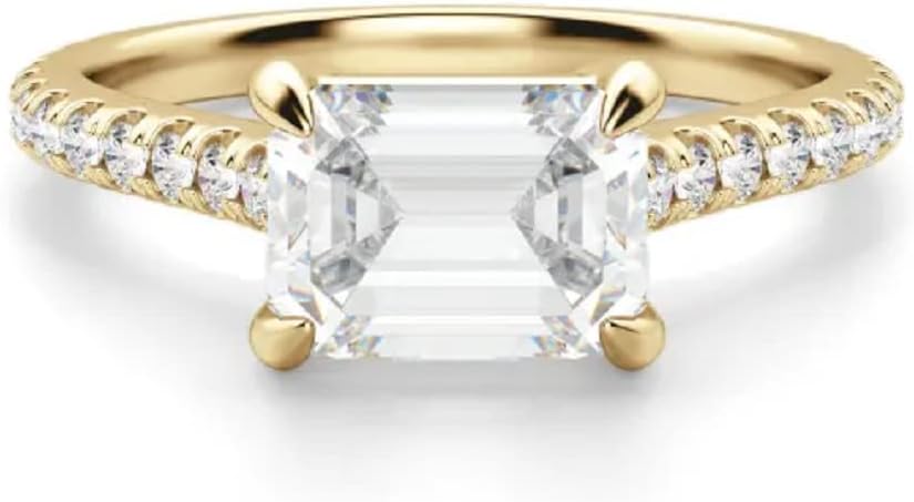 10K Solid Yellow Gold Handmade Engagement Ring 1 CT Emerald Cut Moissanite Diamond Solitaire Wedding/Bridal Ring for Women/Her Anniversary Ring