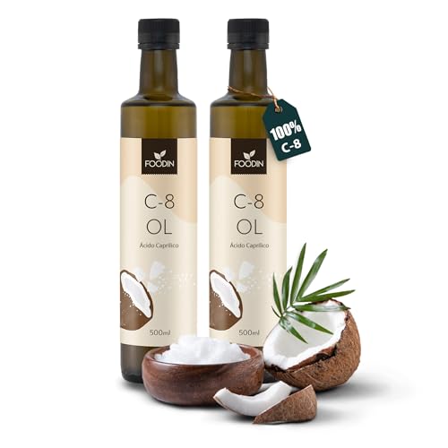 FOODIN Aceite MCT C8, 1000ml Aceite de Coco, Mejor para la Dieta Cetogénica, Aceite MCT Cetonas para Beber, 3x Más Cetonas (100% C8), Aceite de Coco Líquido y Sin Sabor (2x500ml)