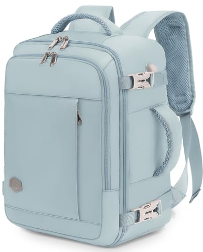 VANKEV Mochila viagem cabine avion 40 x 30 x 20 para Vueling Ryanair EasyJet Eurowings Wizz Air 24 L bagagem de mão mala de viagem de cabine para portátil de 15,6 polegadas, azul claro