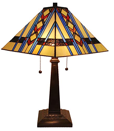 Amora Lighting Tiffany Style Table Lamp Banker Mission 22' Tall Stained Glass Tan Blue Orange Brown Vintage Antique Light Décor Nightstand Living Room Bedroom Handmade Gift AM290TL14B, Multicolored