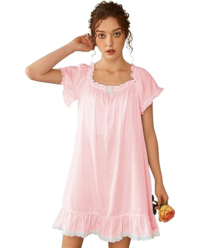 Image of Nanxson Women's Cotton Nightgown Short Sleeve Sleepwear Vintage Nightshirt | Summer Victorian Sleepdress,White Sleepshirt,U Neck Lace Loungewear,Soft Nightshirt,Loose Loungedress,Bride Nightwear