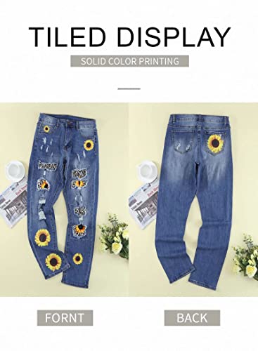Astylish Women Sunflower Patchwork Destroyed Raw Hem Stretch Loose Boyfriend Ankle Jeans Classic Ripped Hole Denim Pants X-Large #TOP3