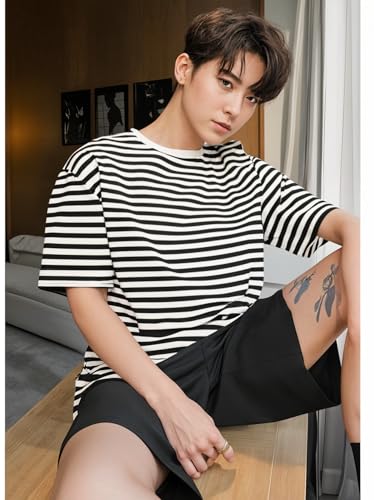 Image of Mack Jonney Oversized | Loose Fit | Half Sleeves 100% Cotton Round Neck Striped T-Shirt for Men-MACK640558