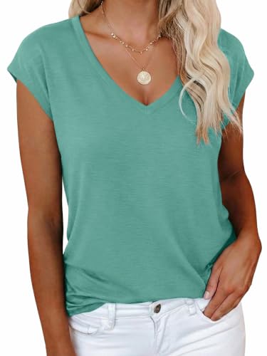 Image of Arevill Womens T Shirt V Neck Cap Sleeve Cotton Tops Mint