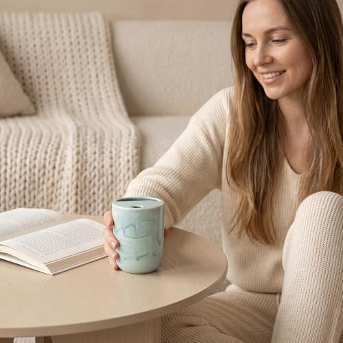 Taza de cerámica artesanal con tapa, 17 oz, color verde espuma miniatura 6