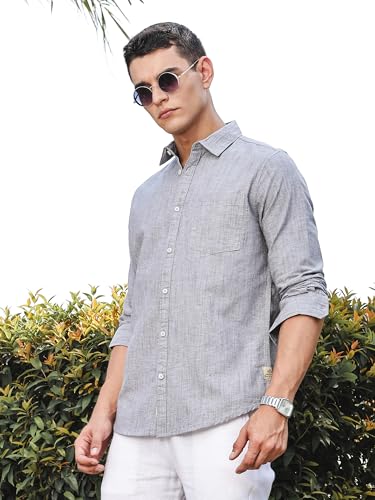 Image of Thomas Scott Men's | Solid | Premium Linen Blend | Spread Collar | Summer Wear | Long Sleeve | Shirts for Men
