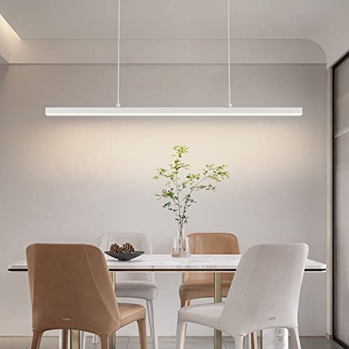 Lampada a sospensione da tavolo da pranzo dal design minimalista a LED con telecomando Lampada a sospensione dal design moderno lineare Lampadario da ufficio regolabile in altezza (Bianco, A L90cm)