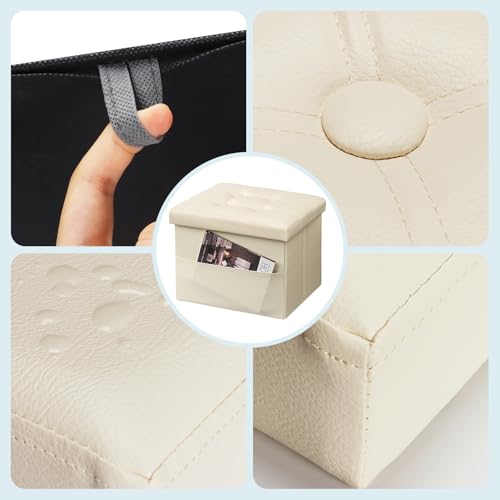 Image of Bsketa Storage Ottoman Bench,16 Inch Folding Leather Foot Rest Stool, Beige | Small Ottoman with Side Pockets, Thicker Foam Padded Seat, Livingroom, Dorm, Bedroom, Easy to install, 38L, 16x12x12in