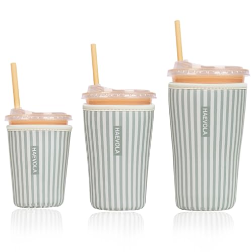 Image of Reusable Insulated Neoprene Iced Coffee Cup Sleeve, Durable Drink Sleeve for Cold Beverages, Beverage Holder for Iced Coffee, Green Stripes