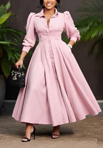 LAJIOJIO Women's Shirt Maxi Dresses Casual,V Neck Button Down Long Sleeve Swing Pleated Dress with Pockets4