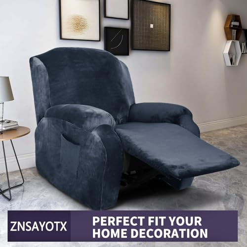 Image of ZNSAYOTX Stretch Velvet Recliner Cover 4-Pieces, Thick Soft Recliner Chair Slipcover with Pocket, Non-Slip Elastic Bottom for Kids Pets, Luxury Plush Reclining Protector Comfy Washable (Navy Blue)