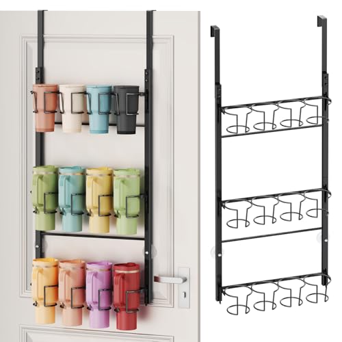 SWTYMIKI 3-Tier Water Bottle Organizer – Over the Door Stanley Cup Holder, Cup Organizer for Door or Wall Mount Option, Stanley Accessories for Pantry, Dorm, Office, RV Use, Black