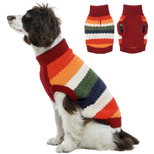 Kuoser Large Dog Sweater, Turtleneck Knit Dog Sweaters for Large Dogs Colorful Strips Pet Knitted Vest Warm Clothes, Soft Puppy Sweater Thermal Sweatshirt for Xmas Holiday Cold Weather, Red