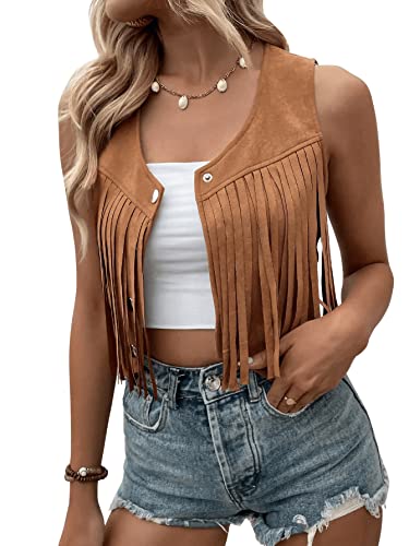 SweatyRocks Women's Suede Fringe Trim Sleeveless Crop Vest Jacket Button Front Coat