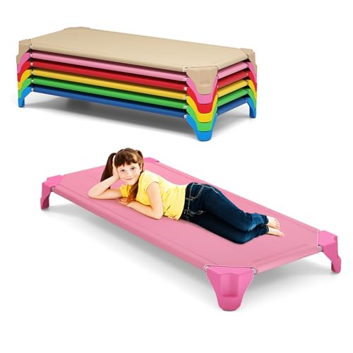 HONEY JOY 6 Pcs Stackable Daycare Cots for Kids 52L x 23.5W Portable Nap Cots for Sleeping Naptime Preschool Toddler Cots Easy Lift Bed Ready-to-Assemble Classroom Nursery Home (Colorful)