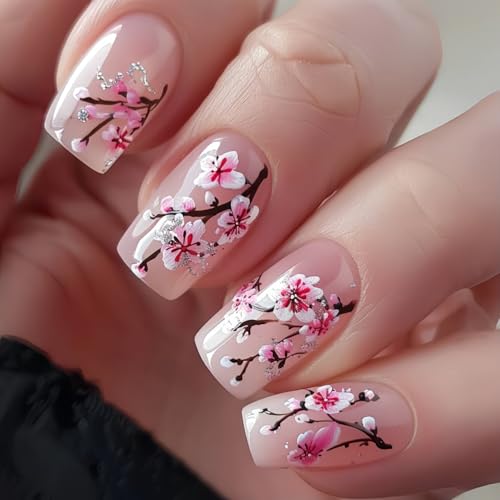 KTAABTR 24PCS Reusable Press on Nails Medium Coffin Nails Spring Cherry Blossom Fake Nail Art Kit Floral False Nails Stick on Nails Full Cover Flowers Acrylic Nails Design for Women Girls