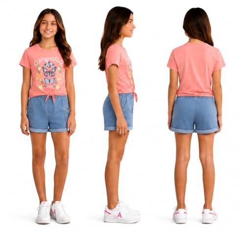 Image of AEROPOSTALE Girls Shorts Set - 2 Piece Soft Short Sleeve Graphic Tees and Twill or Denim Shorts Summer Outfits for Girls
