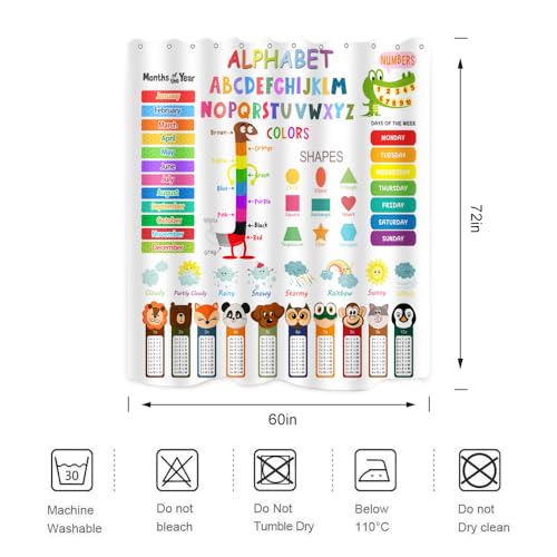 Image of Kids Educational Shower Curtain ABC Learning Tool Funny Cartoon Animals Colors Shapes Weathers Multiplication Table Girls Boys Colorful Decor Waterproof Fabric 72Lx60W Inch with Hooks