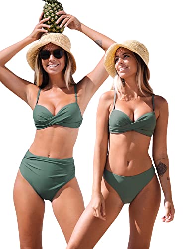 Cupshe Women Ruched Bikini Twist Front Thin Straps Top Mid Rise Classical Coverage Bottom And Low Waisted Bottom 3 Piece Swimsuit, S Green #TOP1
