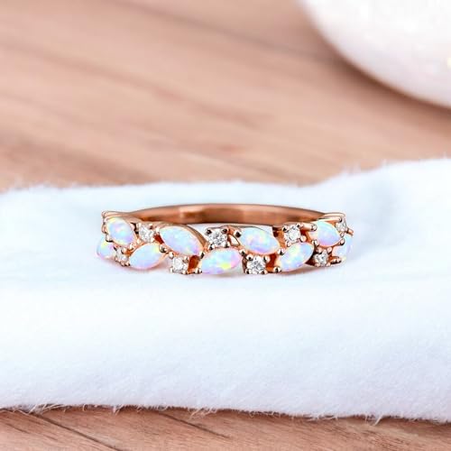 Antique Marquise Cut Opal Wedding Band, Unique Rose Gold Half Eternity Stack Band, Vintage Moissanite Wedding Ring, Custom Bridal Promise Ring - Handmade Vintage Jewelry Set for Women2