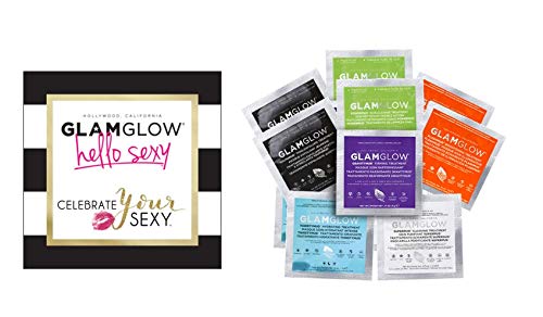 New in Box - GlamGlow HELLO SEXY Masks - 12 Piece Kit - 2 YOUTHMUD, 2 SUPERMUD, 2 THIRSTYMUD, 2 POWERMUD, 2 FLASHMUD and 2 GRAVITYMUD in CLEAR Travel CASE