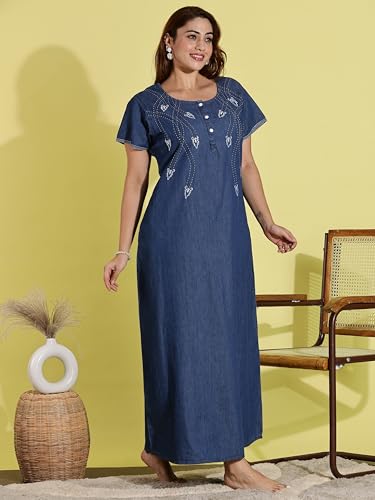 Image of 9shines Label Stylish Denim Cotton Nighty Maxi for Women | Full Length Trendy Nightgown | Premium Nightdress | Nightwear | Embroidery Nighty with Pocket (9SDS)