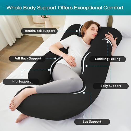 Image of Cooling Pregnancy Pillows for Sleeping, 65'' Full Body Pillow, Black | Sasttie Maternity Pillow, OEKO-TEX, Down Alternative, Removable Cover, Pregnant Women Must Haves, Maternity Essential