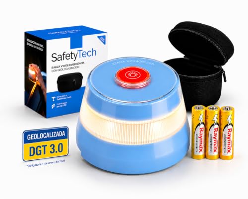 SafetyTech - Luz Emergencia Baliza V16 Homologada DGT con Geolocalizador 3.0 para Coche, con SIM Telefónica y Datos Gratis hasta 2038 + Funda Accesorios Coche