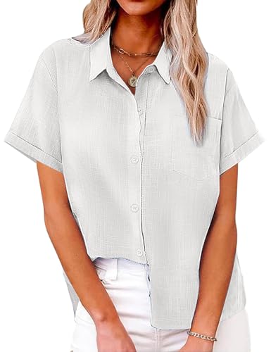 Niwicee Blusas Mujer Verano Camisa Manga Corta Cuello en V Botón Camisa Casual de Algodón Camisas Básicas de Color Sólido Elegantes Camisa Suelta con Cuello de Solapa y Bolsillo (Blanco, XXL)