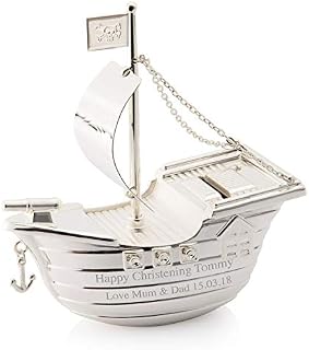Personalised Silver Pirate Ship / Boat Money Box For Births,Christening,Baptism,Holy Communion - Engraved with your custom text
