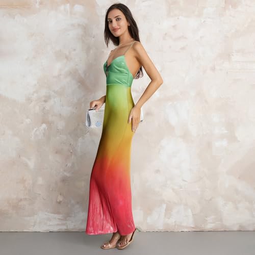 Image of Owl's-Yard Women Sexy Maxi Dress Y2K Spaghetti Strap Floral Print Low Cut Backless Slim Fit Sequins Long Cocktail Dress
