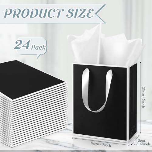 Image of Yeaqee 24 Pack Metallic Paper Gift Bags,Black, White | with Satin Ribbon Handle and Tissue, 9x7x3.1 Inch, Suit Business, Birthday, Christmas, Thank You Return Gifts Bags