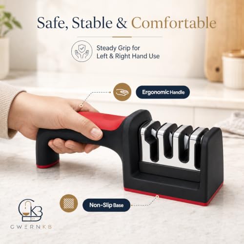 Image of GwernKB 4-in-1 Manual Knife Sharpener Tool for Kitchen, Kitchen Knife Sharpener for Home with Tungsten Steel & Ceramic Slots, Scissor Slot, Non-Slip Base & Ergonomic Handle