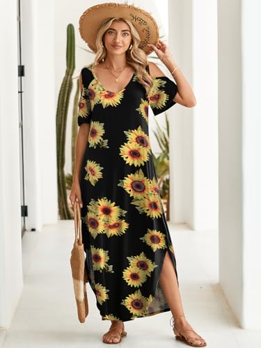 Image of BELAROI Womens Cold Shoulder Maxi Dress Plus Size V Neck Summer Sundresses with Pockets Beach Coverup Vacation Outfits