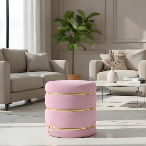 Image of Luxury Velvet Ottoman Stool | Modern Round Footrest with Gold Accent | Stylish Living Room & Bedroom Ottoman Baby Pink