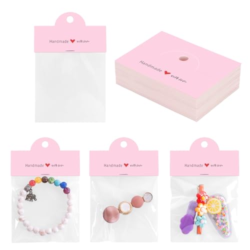 joycraft 100Pcs Pink Packaging for Small Business, Jewelry Package Supplies with Clear Bags, Jewelry Display Bags for Selling, Craft Packaging Set for Bracelets, Key Chains, Earring, Necklace.