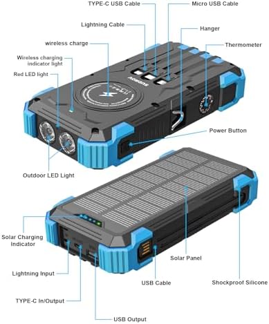 Sudrov Solar Charger Power Bank 42800mAh Wireless Portable Charger with USB-C Input/Output QC3.0 Fast Charge 15W 4 Ports Outdoor Battery Built-in Dual LED Flashlights for