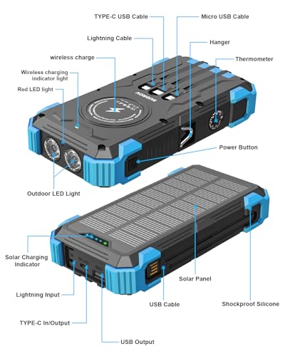 Sudrov Solar Charger Power Bank 42800mAh Wireless Portable Charger with USB-C Input/Output QC3.0 Fast Charge 15W 4 Ports Outdoor Battery Built-in Dual LED Flashlights for