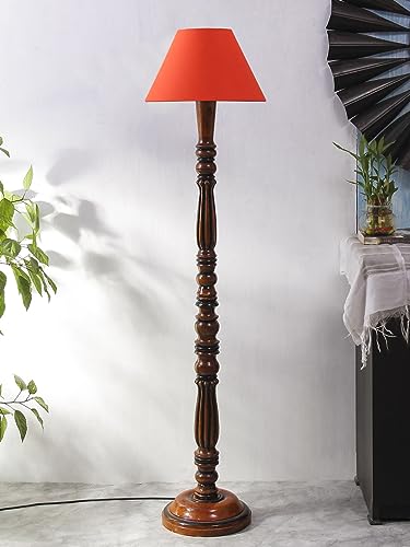 Image of Floor Lamp with Wooden Base - Height 55 inch, Orange | Modern Standing Lamp for Living Room, Bedroom & Office | Stylish & Elegant Home Lighting Decor | Tall Decorative Lamp