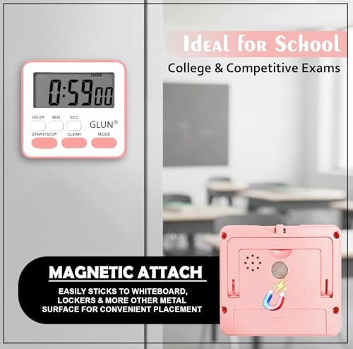 Image of GLUN Digital Multi-Function Timer Clock | Magnetic Back, Loud Alarm, Large LCD Display | Countdown, Stopwatch, Stand & Hanging Hole for Kitchen & Study (Pink)
