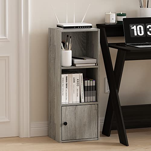 Image of Furinno LUDER Book Shelf, 3-Tier Modern Bookshelf, Bookcase with 1 Door Storage Cabinet, 9.3 x 12 x 31.5, for Organization and Storage, for Living Room, Bedroom, Home Office, French Oak