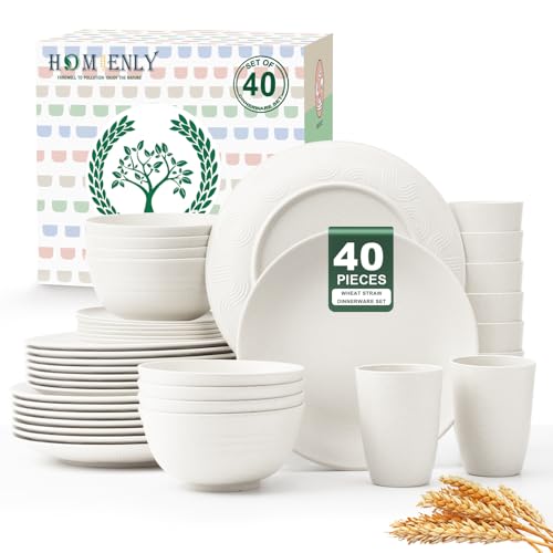 Image of Homienly 40- Pieces Wheat Straw Dinnerware Set, Service for 8, Lightweight Roud Plates and Bowls Set, Unbreakable Dishes Set- Dinner Plates, Bowls, Cups,Microwave and Dishwasher Safe(White)
